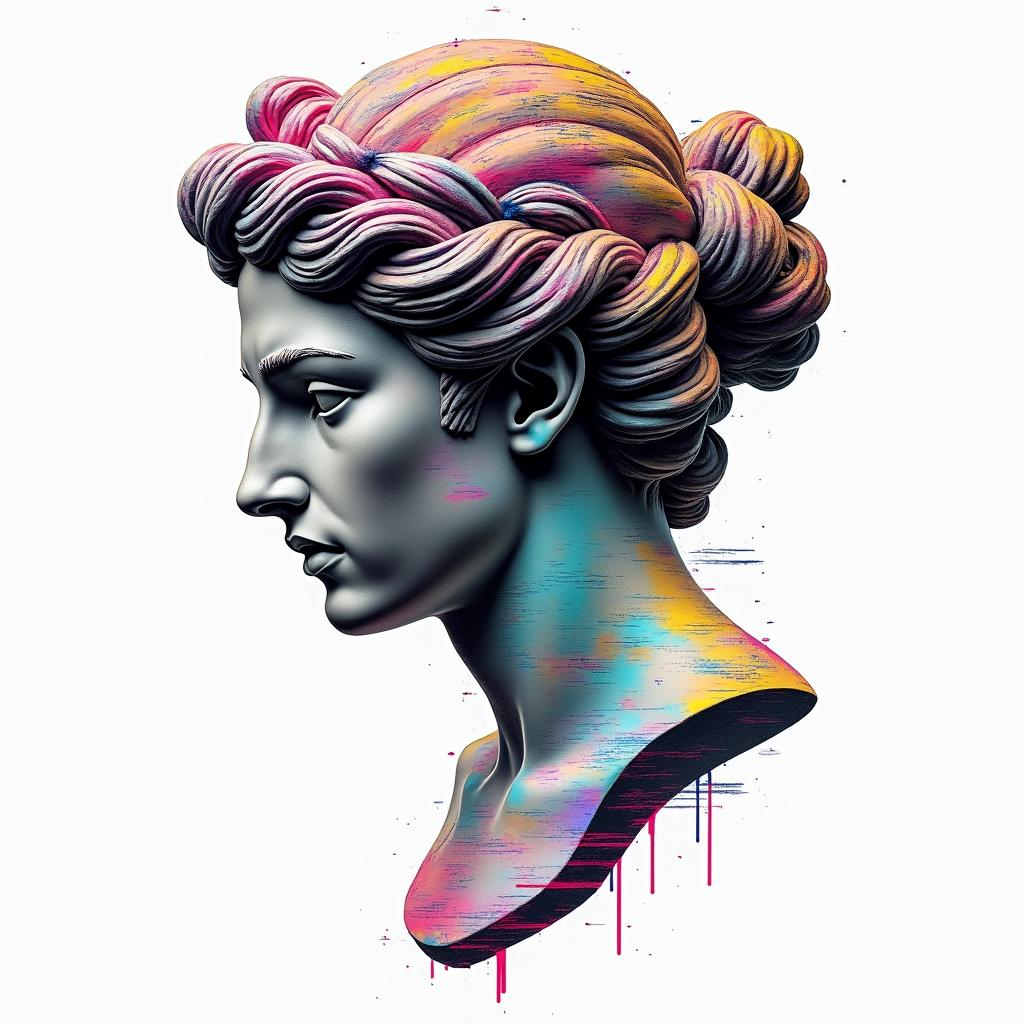 Ezra, Capricorn, December 27thin distorted and fragmented tattoo design, featuring a classical statue bust, in a glitch art style with vibrant, overlapping colors of cyan, magenta, and yellow, creating a digital distortion effect - Variation 4