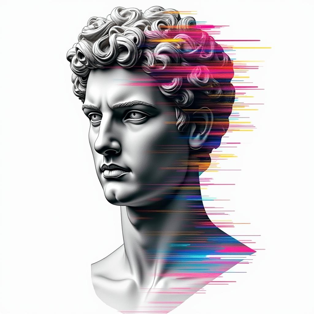 Ezra, Capricorn, December 27thin distorted and fragmented tattoo design, featuring a classical statue bust, in a glitch art style with vibrant, overlapping colors of cyan, magenta, and yellow, creating a digital distortion effect - Variation 3