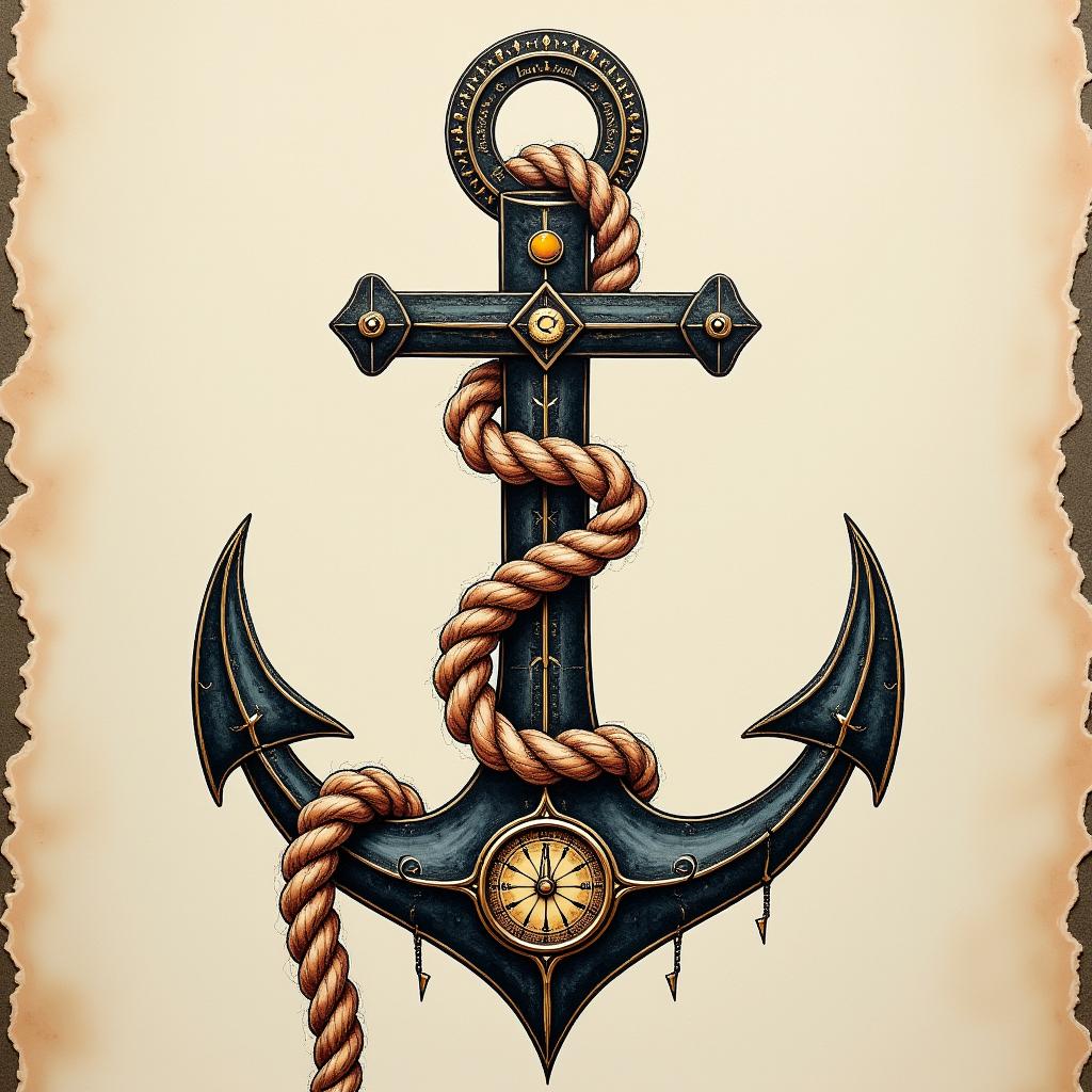 Anchor with nautical rope and compassin paganic style tattoo, featuring ancient symbols, add vegvisir symbol, mystical figures, incorporating designs, pentagrams, runes, crescent moons, - Variation 8