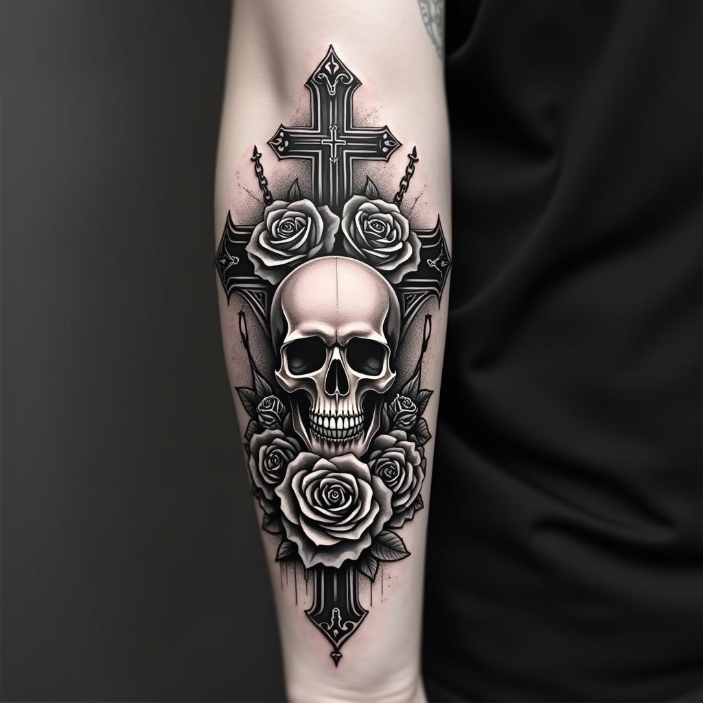 Skull and rosesin chicano style tattoo, featuring intricate black and grey shading, bold elements of traditional chicano culture symbols, add a big cross with skull, chains and roses