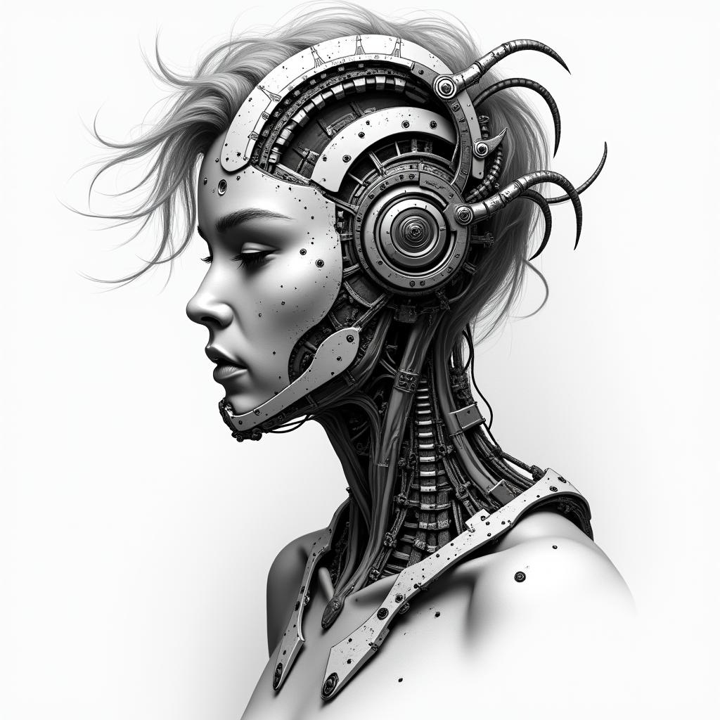 Ezra, Capricorn, December 27thtattoo in biomechanic style, the tattoo covered by robotic elements of futuristic cyberpunk design, robotic features detail, showcasing intricate mechanical components - Variation 2