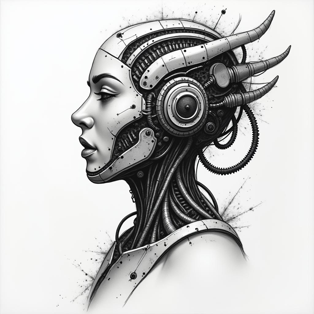 Ezra, Capricorn, December 27thtattoo in biomechanic style, the tattoo covered by robotic elements of futuristic cyberpunk design, robotic features detail, showcasing intricate mechanical components