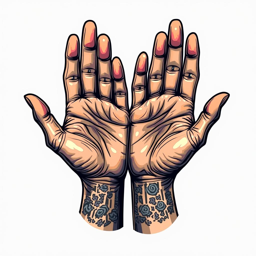 Idol handsin pop art style tattoo, featuring bold and vibrant colors, exaggerated outlines, iconic imagery, inspired by comic books and speech bubbles, comic book characters, retro pop culture - Variation 3