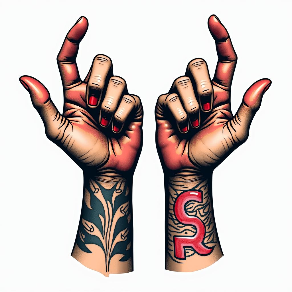 Idol handsin pop art style tattoo, featuring bold and vibrant colors, exaggerated outlines, iconic imagery, inspired by comic books and speech bubbles, comic book characters, retro pop culture