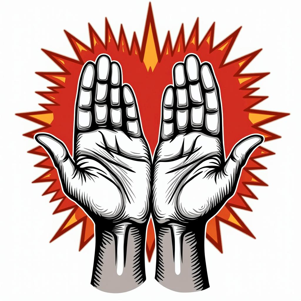 Idol handsin pop art style tattoo, featuring bold and vibrant colors, exaggerated outlines, iconic imagery, inspired by comic books and speech bubbles, comic book characters, retro pop culture - Variation 4