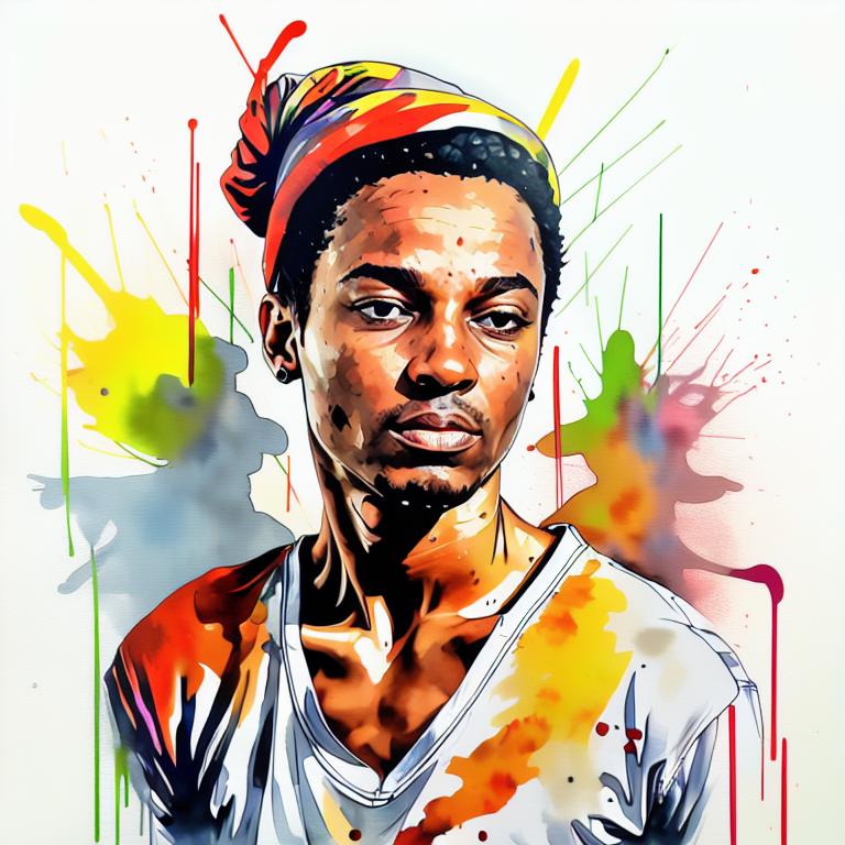  vibrant watercolor portrait with graffiti style face, fully white background, ,face with soft blending of warm and cool tones (orange, yellow, green),using shades of colors, contrast between light and shadow on the face, Bold color splashes and abstract drips in the background for a dynamic, artistic vibe, highly detailed tattoo, fully white background , dskinkpunkundefined - Variation 81