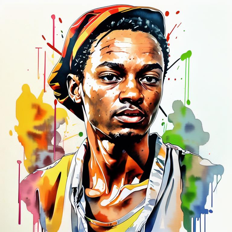  vibrant watercolor portrait with graffiti style face, fully white background, ,face with soft blending of warm and cool tones (orange, yellow, green),using shades of colors, contrast between light and shadow on the face, Bold color splashes and abstract drips in the background for a dynamic, artistic vibe, highly detailed tattoo, fully white background , dskinkpunkundefined - Variation 82