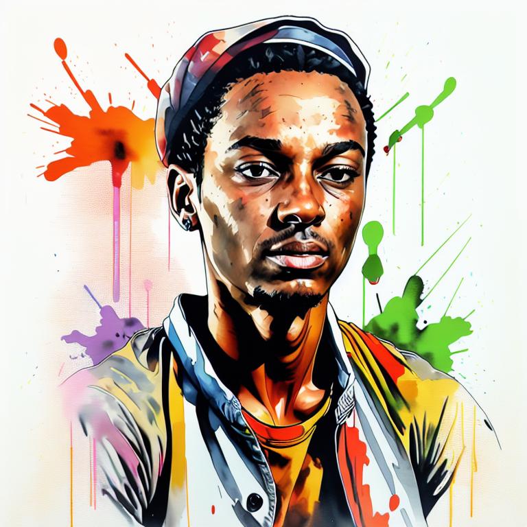  vibrant watercolor portrait with graffiti style face, fully white background, ,face with soft blending of warm and cool tones (orange, yellow, green),using shades of colors, contrast between light and shadow on the face, Bold color splashes and abstract drips in the background for a dynamic, artistic vibe, highly detailed tattoo, fully white background , dskinkpunkundefined - Variation 83