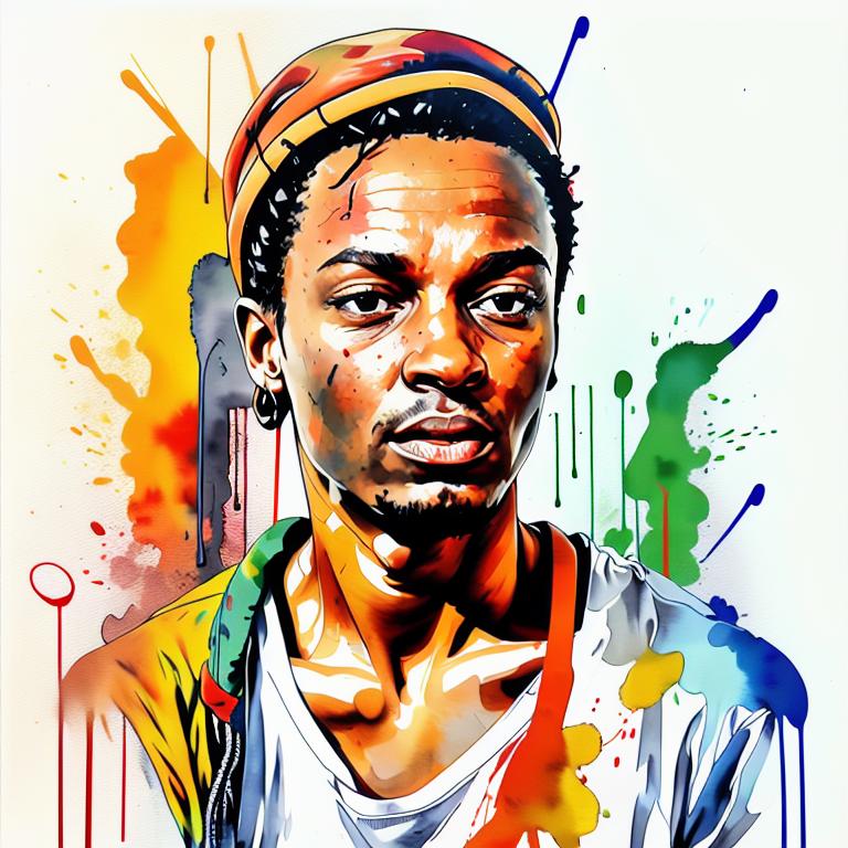  vibrant watercolor portrait with graffiti style face, fully white background, ,face with soft blending of warm and cool tones (orange, yellow, green),using shades of colors, contrast between light and shadow on the face, Bold color splashes and abstract drips in the background for a dynamic, artistic vibe, highly detailed tattoo, fully white background , dskinkpunkundefined - Variation 84