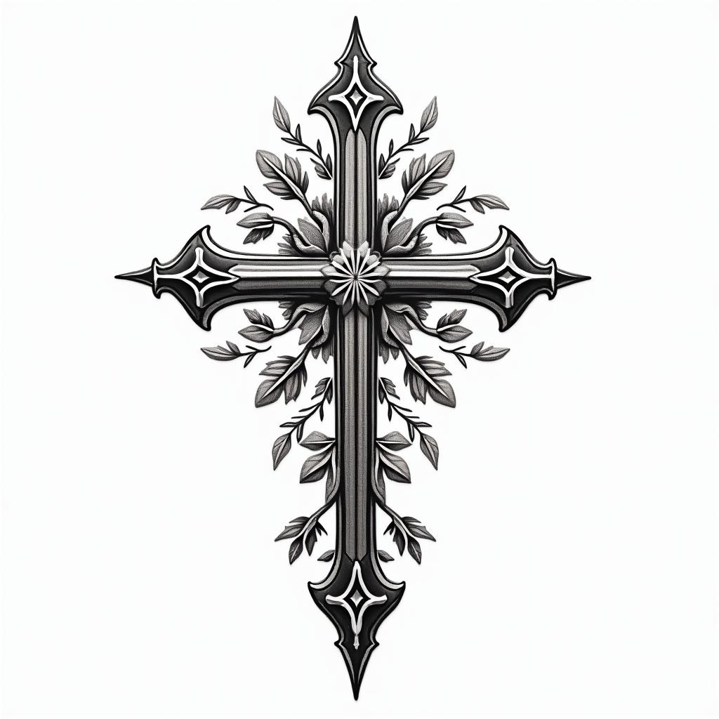 Cross dagger cloud olive treein ornamental tattoo style, featuring intricate symmetrical patterns and floral designs, showcasing highly detailed line work and geometric shapes, creating a sense of elegance and balance - Variation 4