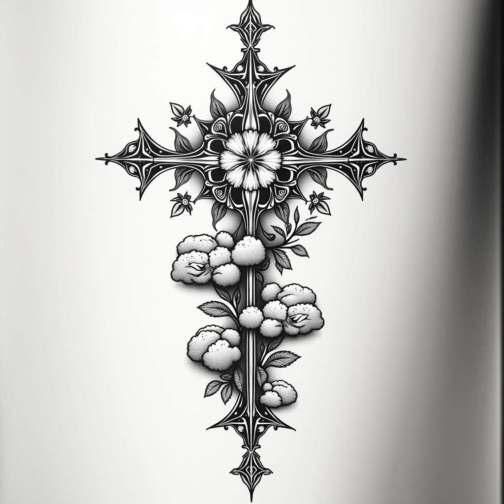 Cross dagger cloud olive treein ornamental tattoo style, featuring intricate symmetrical patterns and floral designs, showcasing highly detailed line work and geometric shapes, creating a sense of elegance and balance - Variation 3