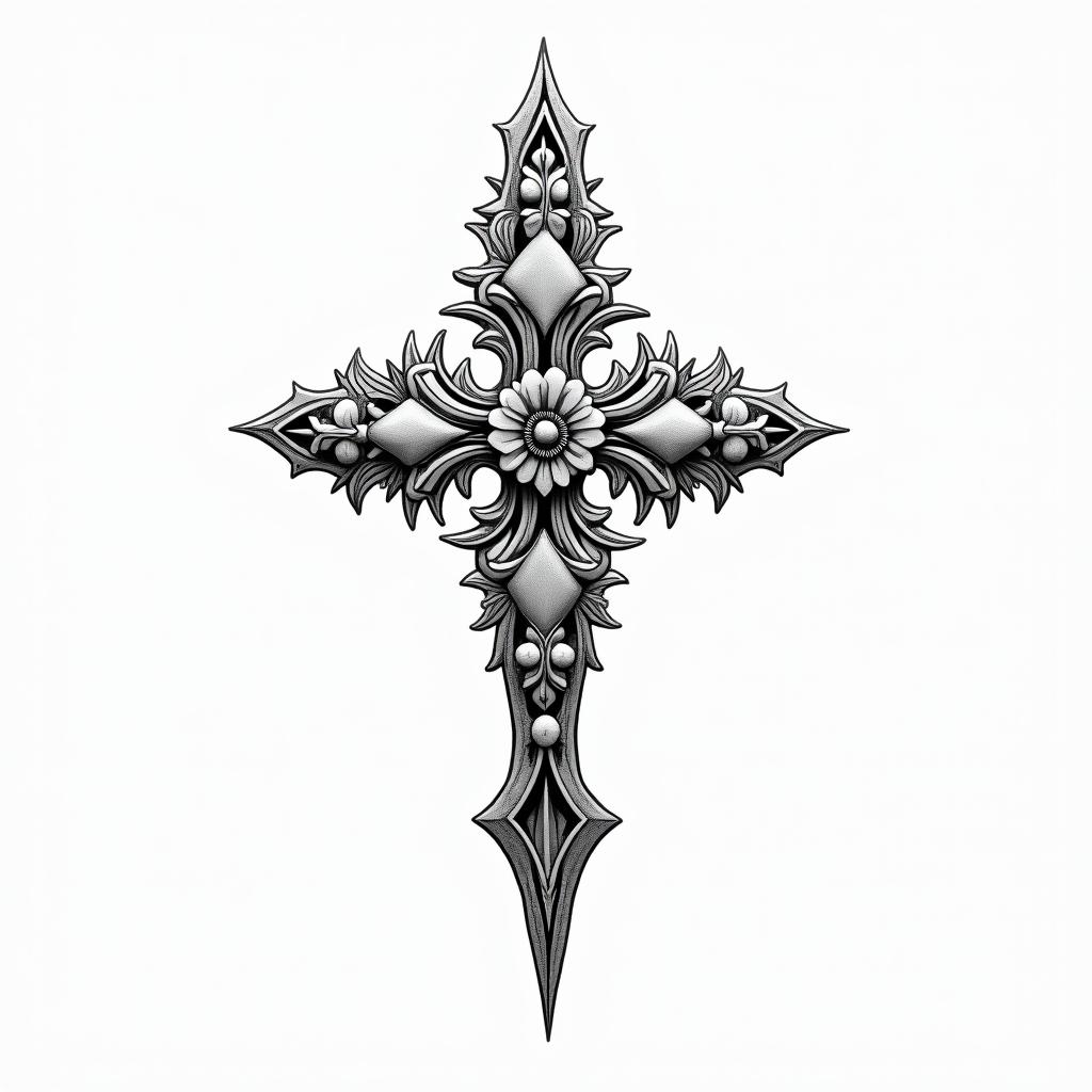 Cross dagger cloud olive treein ornamental tattoo style, featuring intricate symmetrical patterns and floral designs, showcasing highly detailed line work and geometric shapes, creating a sense of elegance and balance - Variation 1