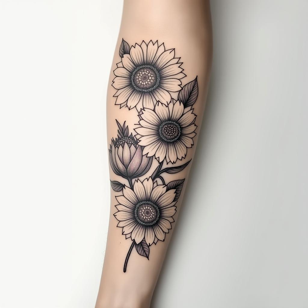 Roses and sunflowers on arm. No colorin Modest style tattoo, featuring soft, delicate line work with simple and meaningful symbols, gentle waves, a heart, evoking a sense of serenity and grace, - Variation 2
