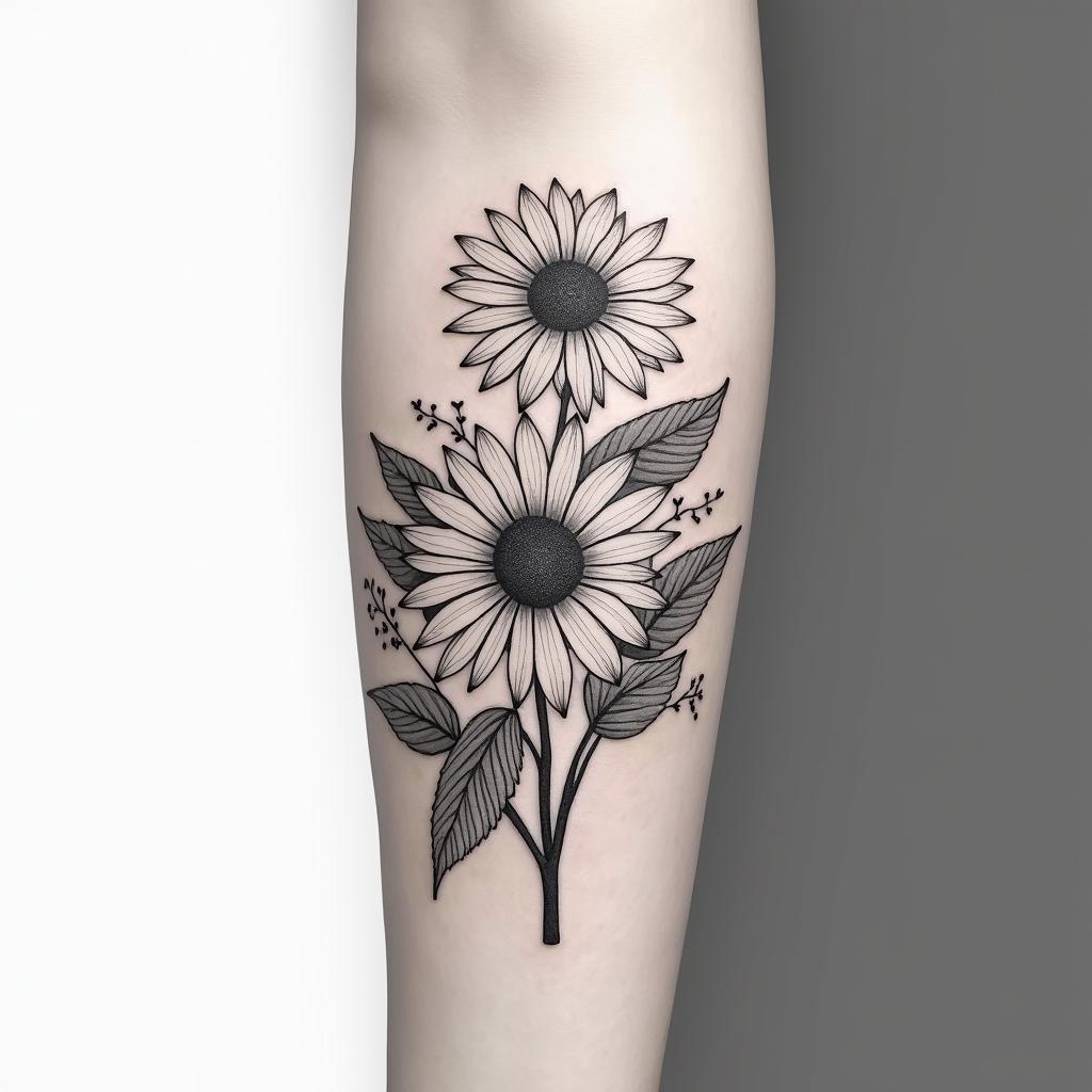 Roses and sunflowers on arm. No colorin Modest style tattoo, featuring soft, delicate line work with simple and meaningful symbols, gentle waves, a heart, evoking a sense of serenity and grace,