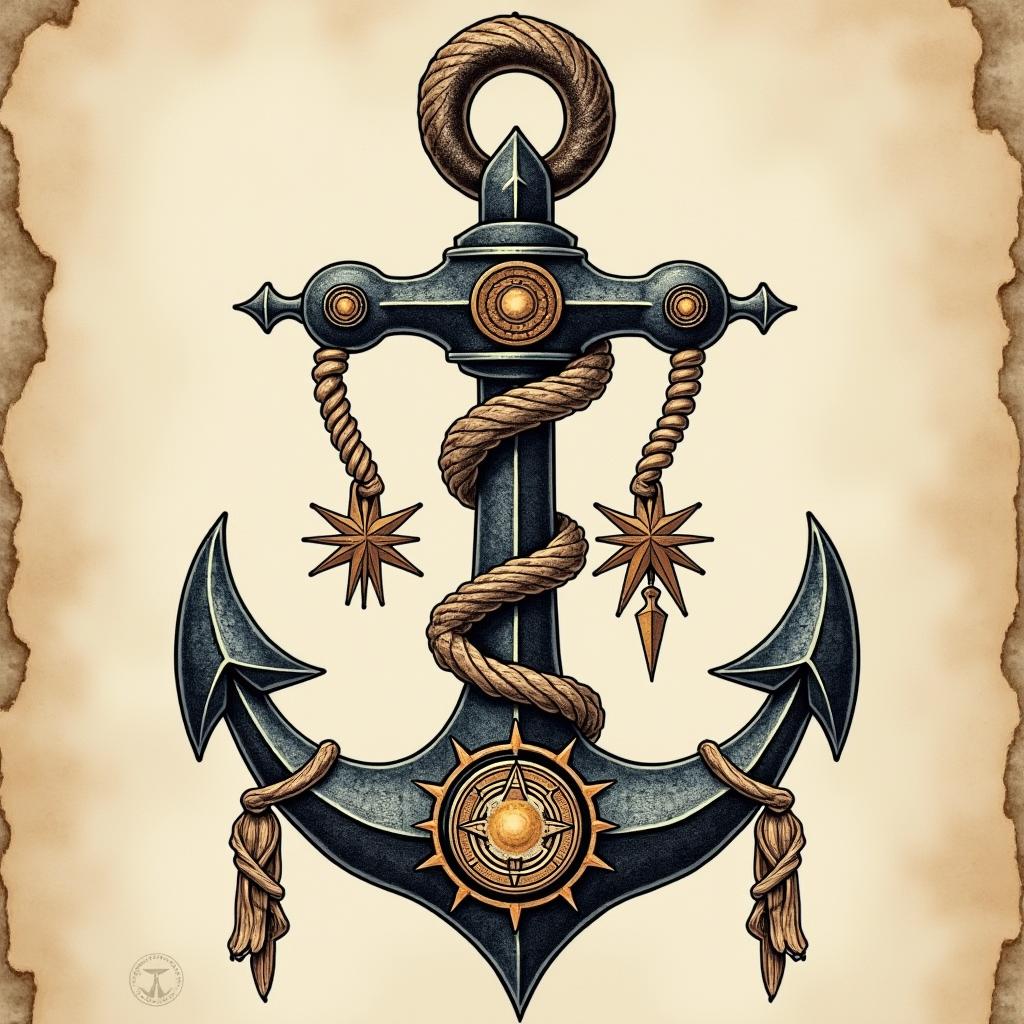 Anchor with nautical rope and compassin paganic style tattoo, featuring ancient symbols, add vegvisir symbol, mystical figures, incorporating designs, pentagrams, runes, crescent moons, - Variation 7