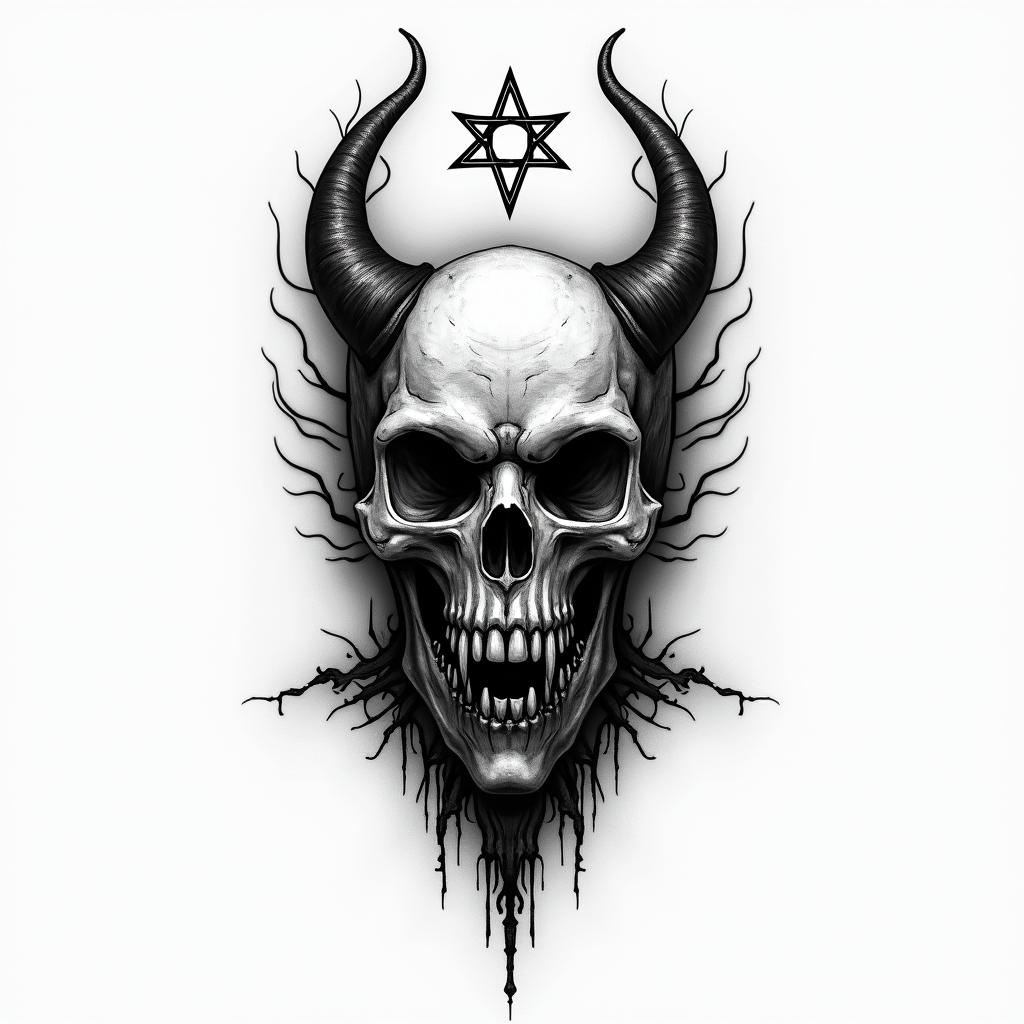 Hear no see no speak nocreepy horror tattoo style, featuring an eerie and unsettling skull of a demonic creature, distorted face with sharp fangs, add pentagram symbol