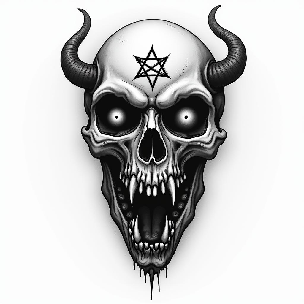 Hear no see no speak nocreepy horror tattoo style, featuring an eerie and unsettling skull of a demonic creature, distorted face with sharp fangs, add pentagram symbol - Variation 3