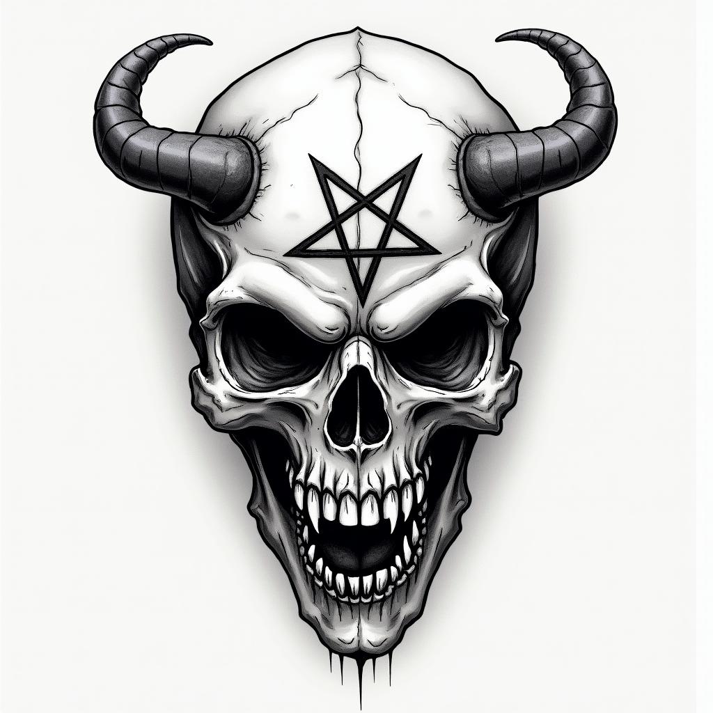 Hear no see no speak nocreepy horror tattoo style, featuring an eerie and unsettling skull of a demonic creature, distorted face with sharp fangs, add pentagram symbol - Variation 4