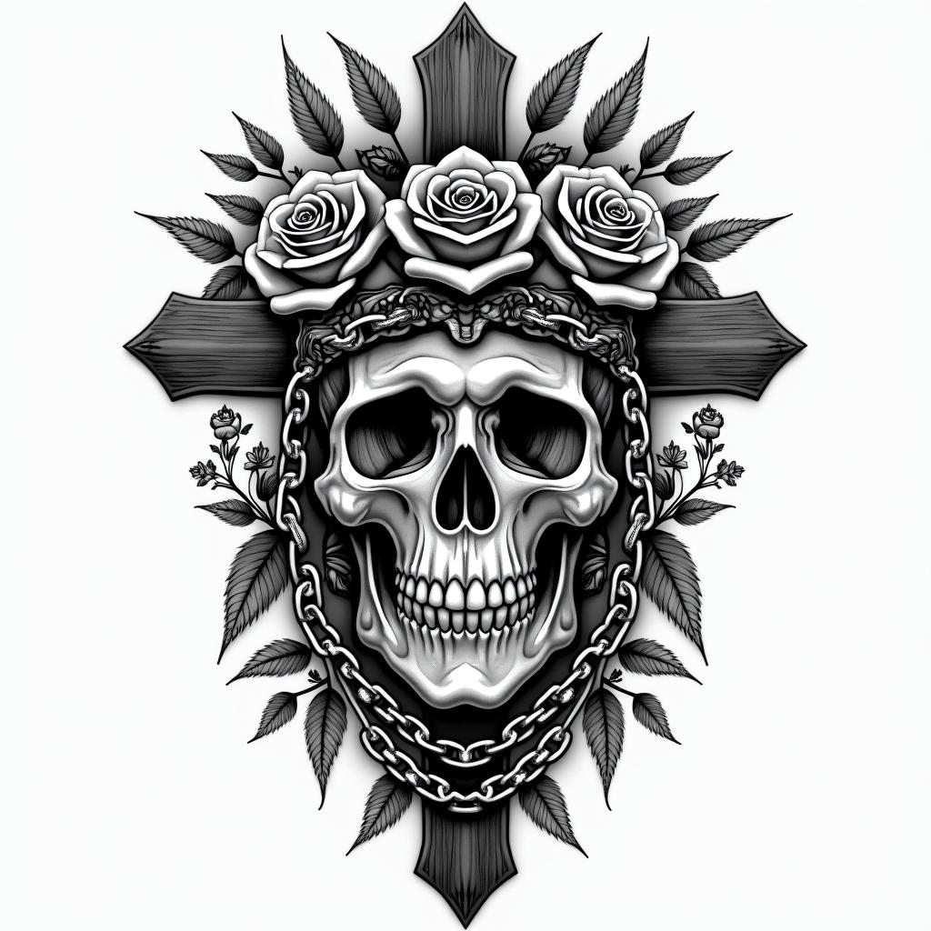 Crying skull, roses flowersin chicano style tattoo, featuring intricate black and grey shading, bold elements of traditional chicano culture symbols, add a big cross with skull, chains and roses