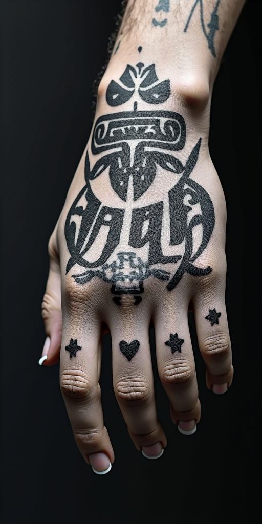 Idol handsin graffiti style tattoo, featuring bold and dynamic street art elements, spray-paint texture with exaggerated lines and expressive, chaotic brushstrokes, intricate lettering incorporated with graffiti tags, symbols like hearts, stars, and wings - Variation 4