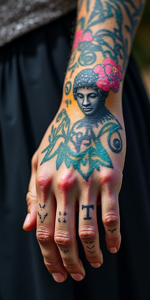 Idol handsin distorted and fragmented tattoo design, featuring a classical statue bust, in a glitch art style with vibrant, overlapping colors of cyan, magenta, and yellow, creating a digital distortion effect - Variation 2