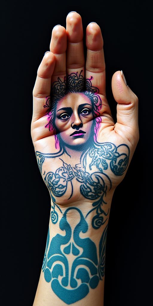 Idol handsin distorted and fragmented tattoo design, featuring a classical statue bust, in a glitch art style with vibrant, overlapping colors of cyan, magenta, and yellow, creating a digital distortion effect