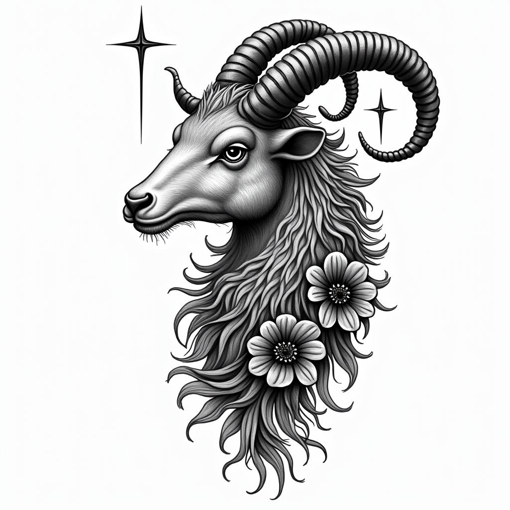 Ezra, Capricorn, December 27thin authentic tattoo style, incorporating traditional modifications, bold black outlines, solid color fills, featuring classic authentic elements - Variation 4