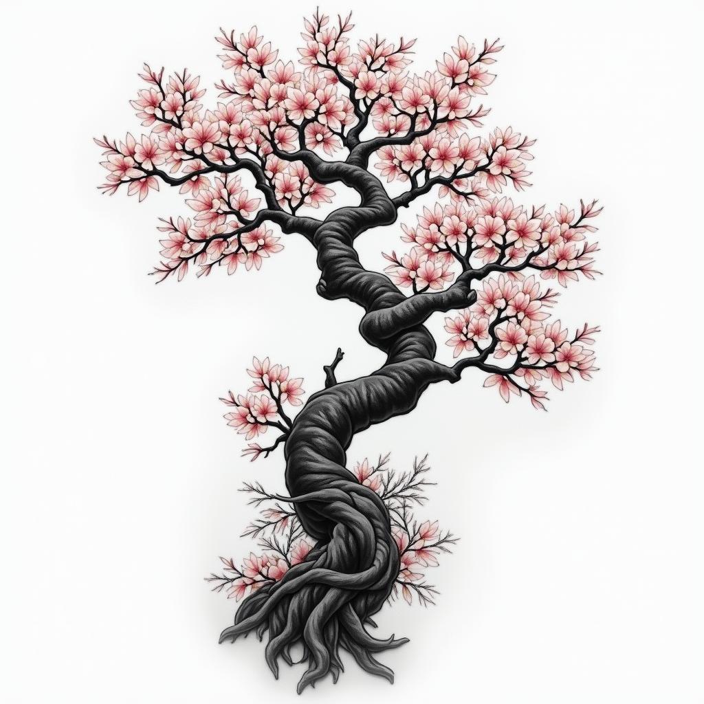Full wrap around right right Sleeve Japanese style Samruai old school cherry blossom treein realism tattoo style, featuring a highly detailed, lifelike, capturing every detail, photorealistic, ultra realistic, intricate shading, smooth and sharp,   - Variation 2