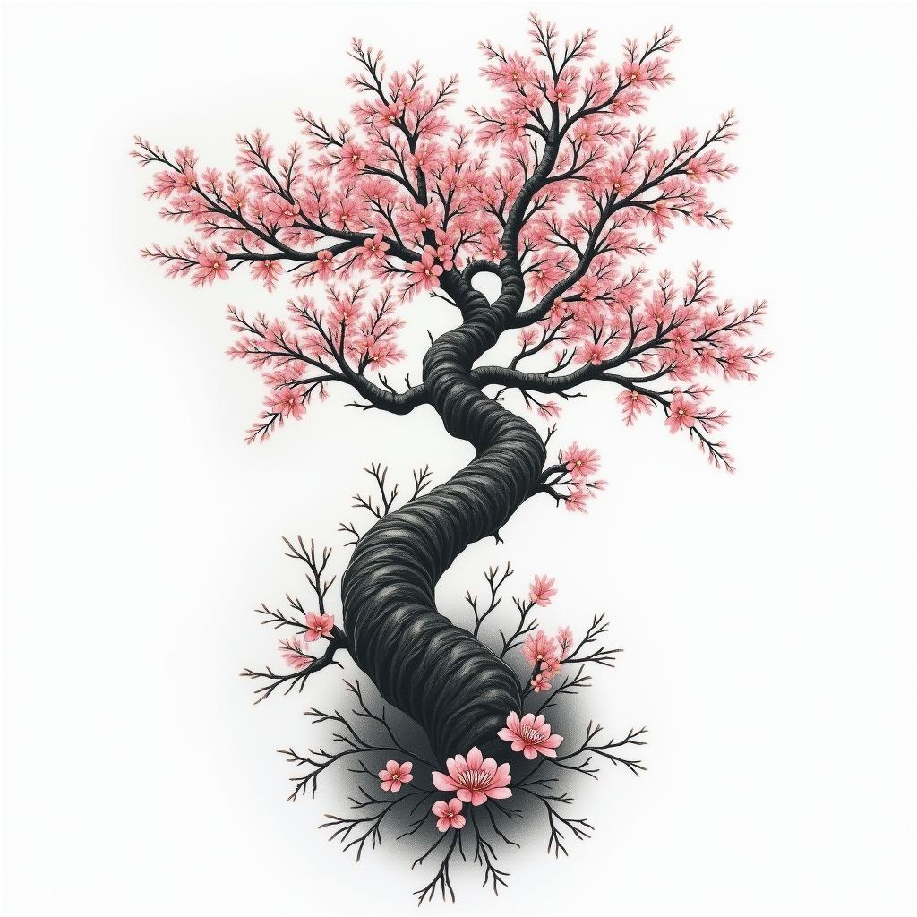 Full wrap around right right Sleeve Japanese style Samruai old school cherry blossom treein realism tattoo style, featuring a highly detailed, lifelike, capturing every detail, photorealistic, ultra realistic, intricate shading, smooth and sharp,   - Variation 4