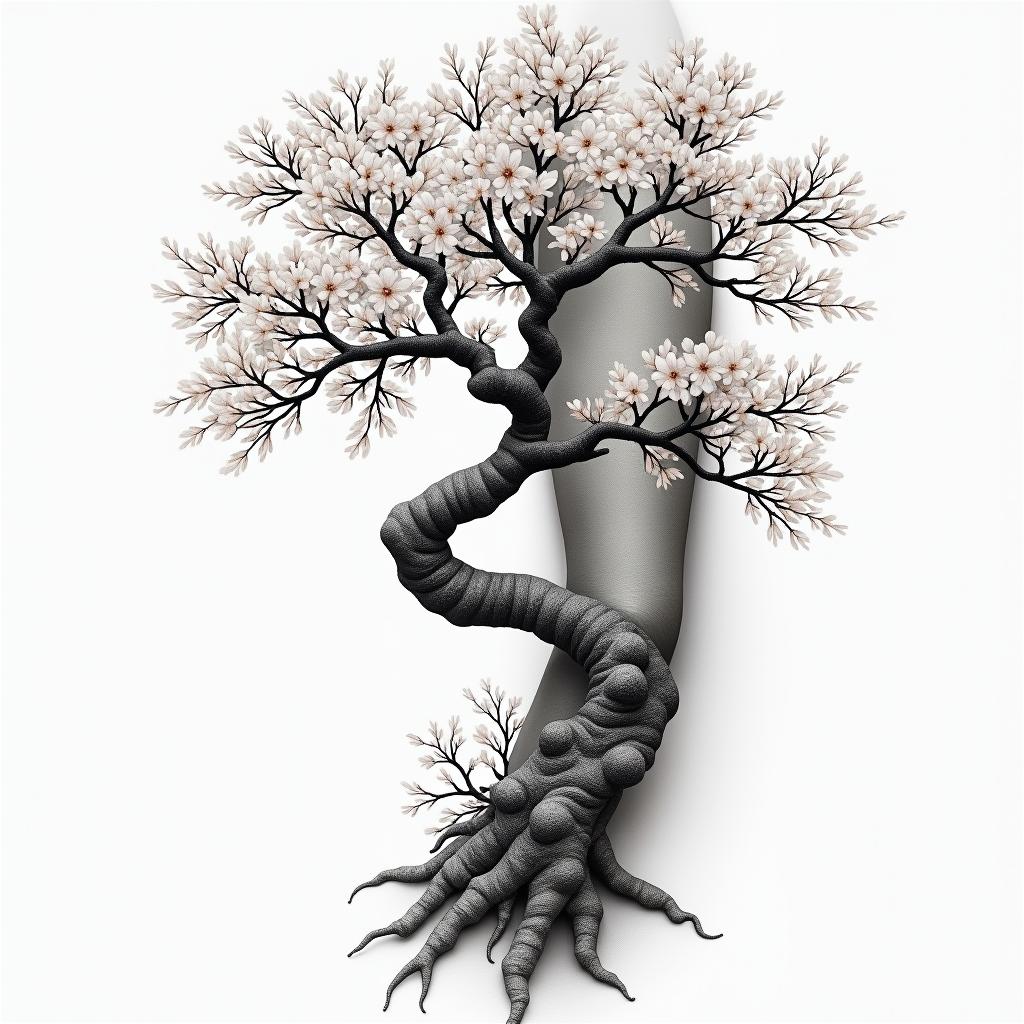 Full wrap around right right Sleeve Japanese style Samruai old school cherry blossom treein realism tattoo style, featuring a highly detailed, lifelike, capturing every detail, photorealistic, ultra realistic, intricate shading, smooth and sharp,   - Variation 3