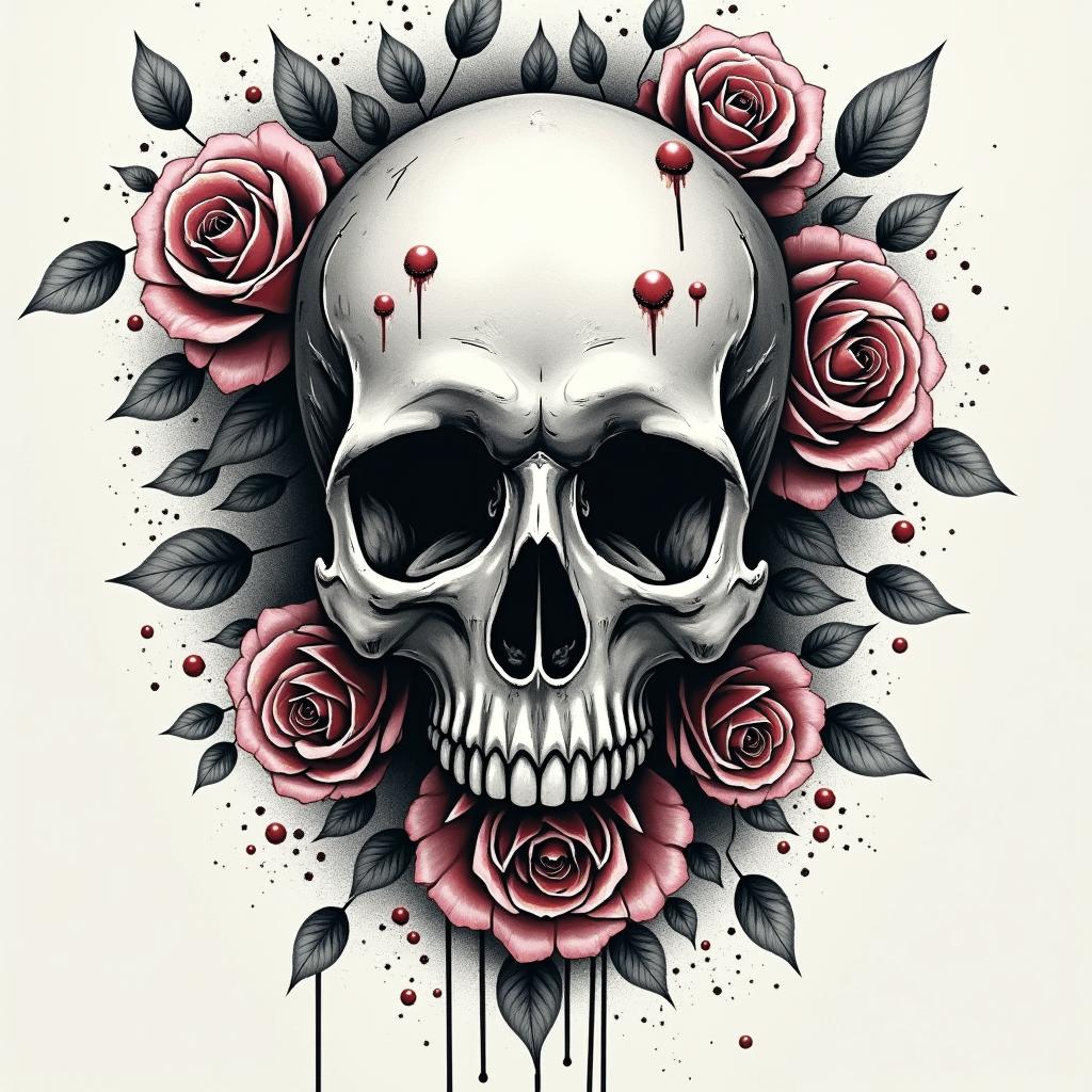 Skull and rosesin graffiti style tattoo, featuring bold and dynamic street art elements, spray-paint texture with exaggerated lines and expressive, chaotic brushstrokes, intricate lettering incorporated with graffiti tags, symbols like hearts, stars, and wings - Variation 2