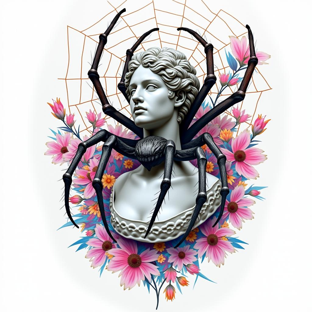 Spider on a web surrounded by flowers with stemin distorted and fragmented tattoo design, featuring a classical statue bust, in a glitch art style with vibrant, overlapping colors of cyan, magenta, and yellow, creating a digital distortion effect - Variation 4