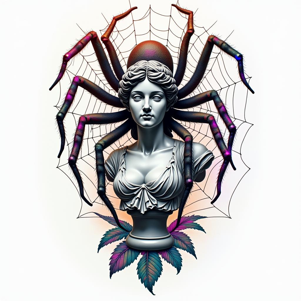 Spider on a web surrounded by flowers with stemin distorted and fragmented tattoo design, featuring a classical statue bust, in a glitch art style with vibrant, overlapping colors of cyan, magenta, and yellow, creating a digital distortion effect - Variation 2