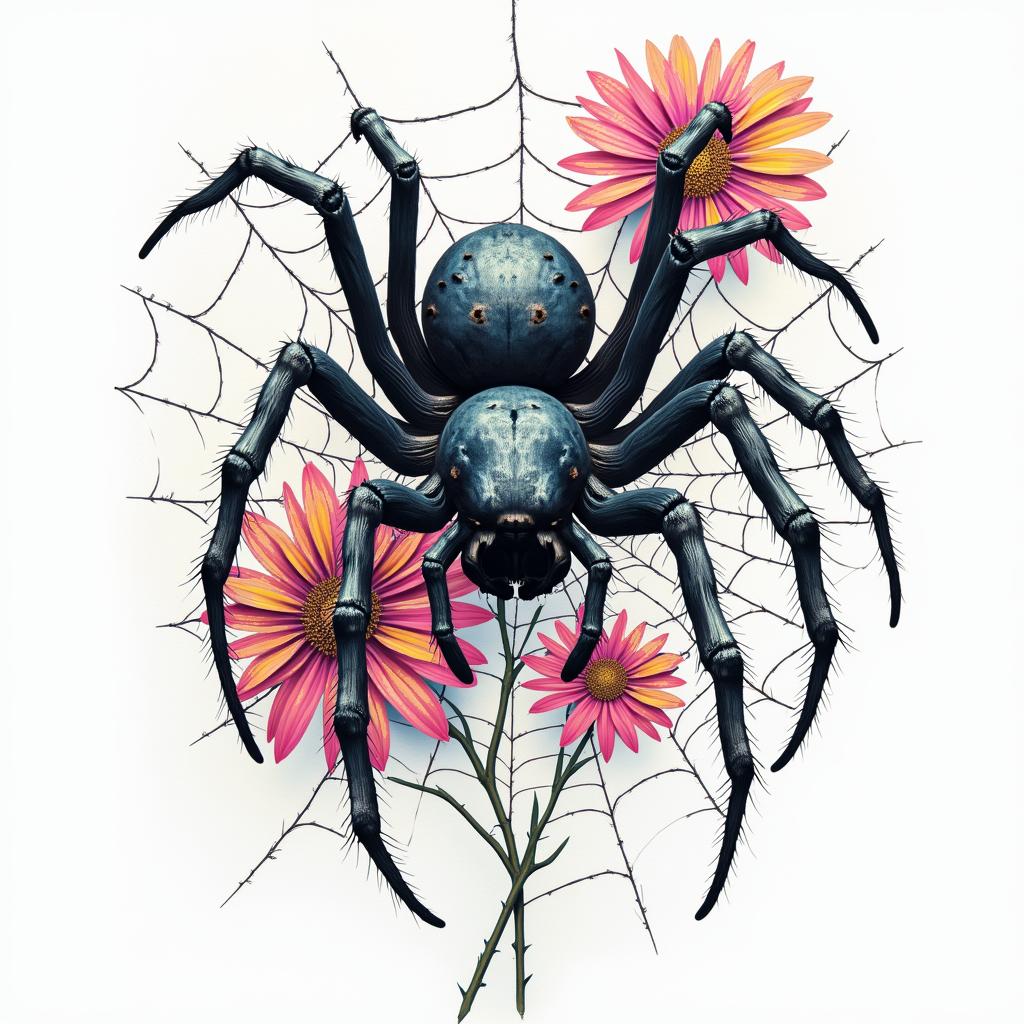 Spider on a web surrounded by flowers with stemin distorted and fragmented tattoo design, featuring a classical statue bust, in a glitch art style with vibrant, overlapping colors of cyan, magenta, and yellow, creating a digital distortion effect - Variation 3