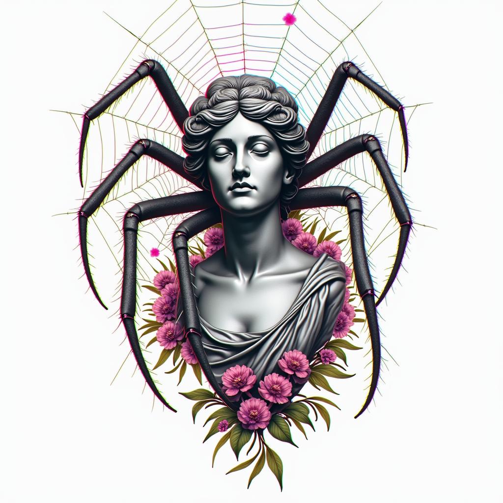 Spider on a web surrounded by flowers with stemin distorted and fragmented tattoo design, featuring a classical statue bust, in a glitch art style with vibrant, overlapping colors of cyan, magenta, and yellow, creating a digital distortion effect
