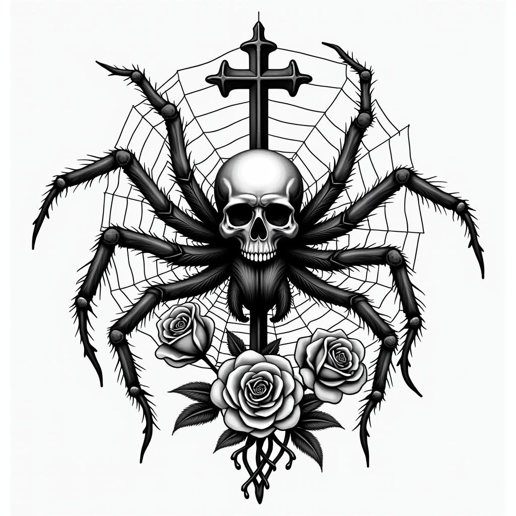 Spider on a web surrounded by flowers with stemin chicano style tattoo, featuring intricate black and grey shading, bold elements of traditional chicano culture symbols, add a big cross with skull, chains and roses - Variation 3