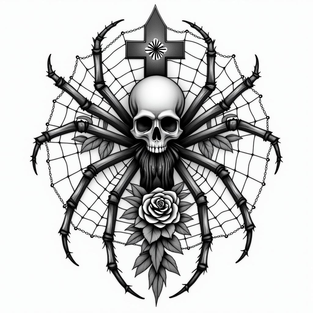 Spider on a web surrounded by flowers with stemin chicano style tattoo, featuring intricate black and grey shading, bold elements of traditional chicano culture symbols, add a big cross with skull, chains and roses - Variation 2