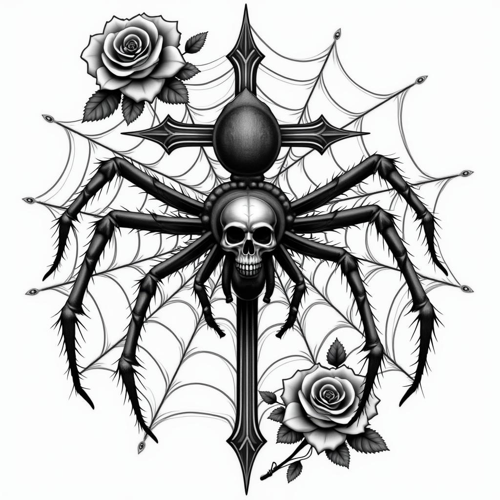 Spider on a web surrounded by flowers with stemin chicano style tattoo, featuring intricate black and grey shading, bold elements of traditional chicano culture symbols, add a big cross with skull, chains and roses - Variation 4