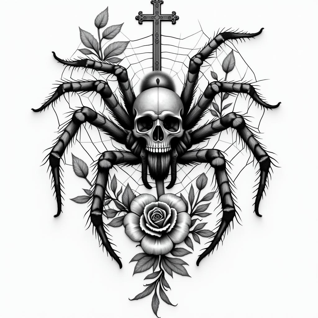 Spider on a web surrounded by flowers with stemin chicano style tattoo, featuring intricate black and grey shading, bold elements of traditional chicano culture symbols, add a big cross with skull, chains and roses
