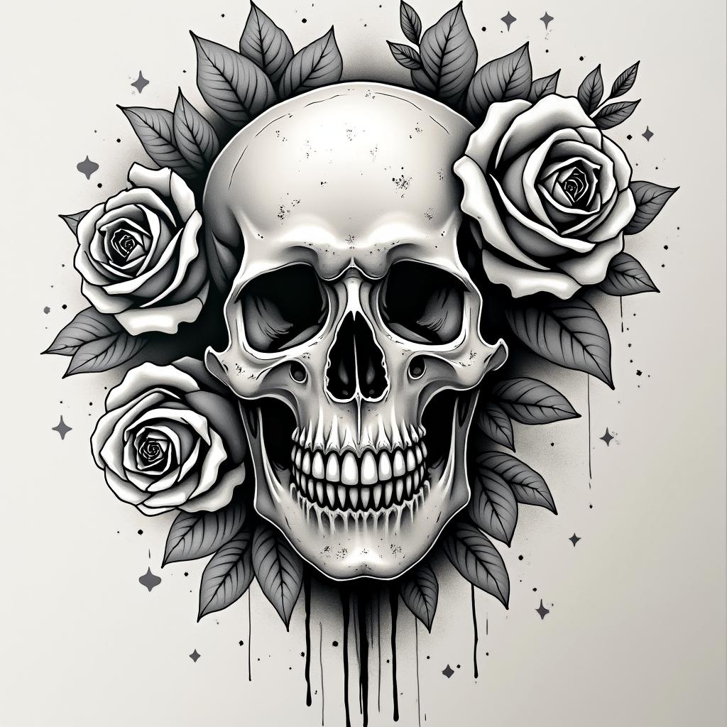 Skull and rosesin graffiti style tattoo, featuring bold and dynamic street art elements, spray-paint texture with exaggerated lines and expressive, chaotic brushstrokes, intricate lettering incorporated with graffiti tags, symbols like hearts, stars, and wings