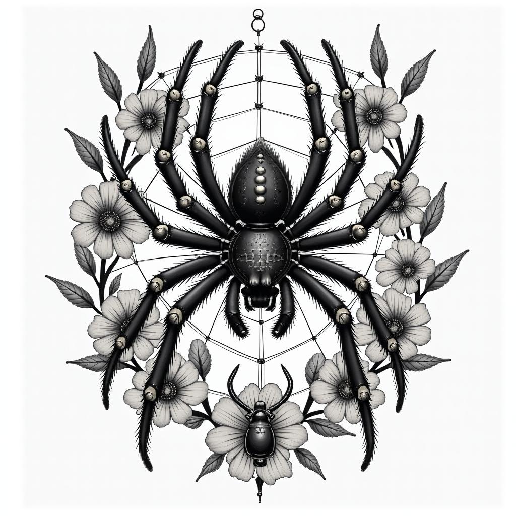 Spider on a web surrounded by flowers with stemin egyptian style tattoo, bold elements of ancient egyptian culture including a portrait of an Egyptian pharaoh with detailed facial features, in hieroglyphs and symbolic imagery, eye of horus, ankh symbol, scarab beetle - Variation 8