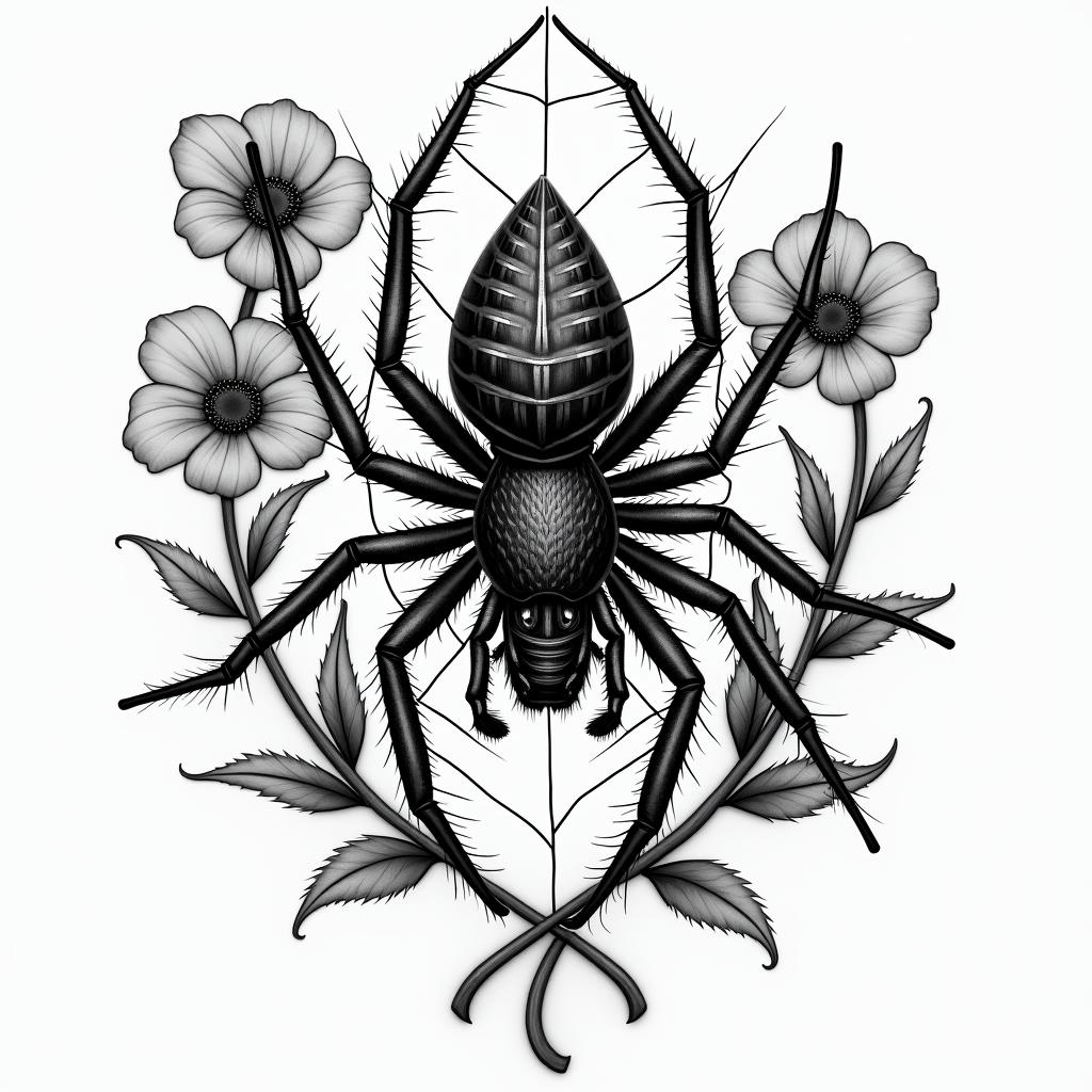 Spider on a web surrounded by flowers with stemin egyptian style tattoo, bold elements of ancient egyptian culture including a portrait of an Egyptian pharaoh with detailed facial features, in hieroglyphs and symbolic imagery, eye of horus, ankh symbol, scarab beetle - Variation 5