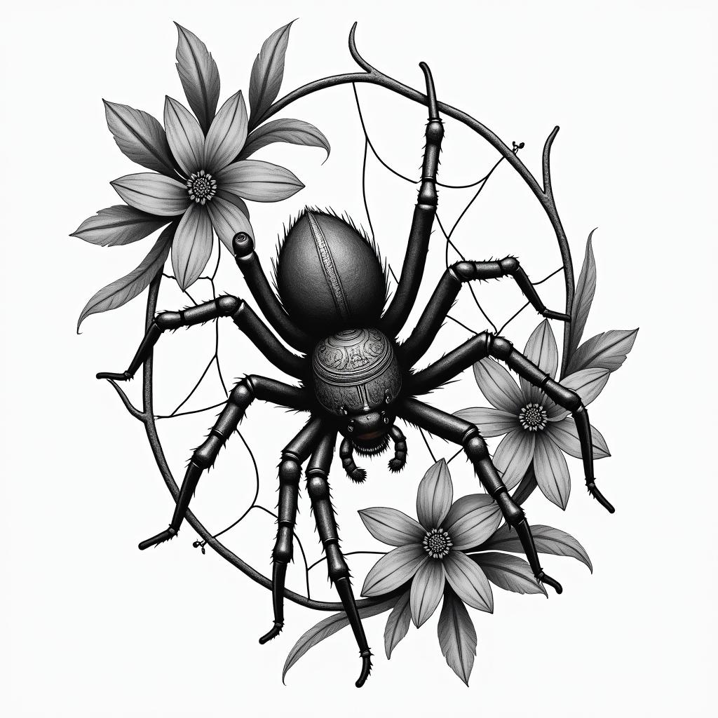 Spider on a web surrounded by flowers with stemin egyptian style tattoo, bold elements of ancient egyptian culture including a portrait of an Egyptian pharaoh with detailed facial features, in hieroglyphs and symbolic imagery, eye of horus, ankh symbol, scarab beetle - Variation 6