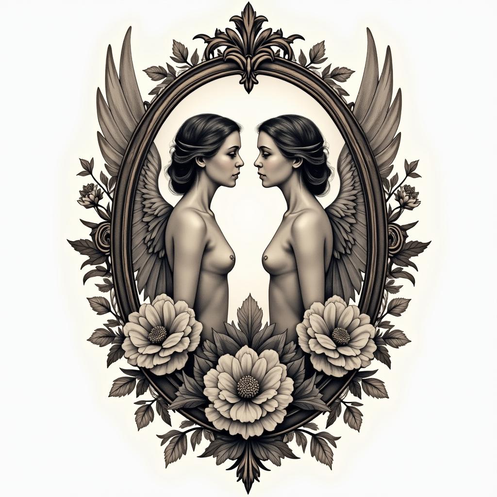Angelsin victorian style tattoo, featuring vintage and elegant elements, ornate frames, roses, antique, sepia-toned color scheme - Variation 3