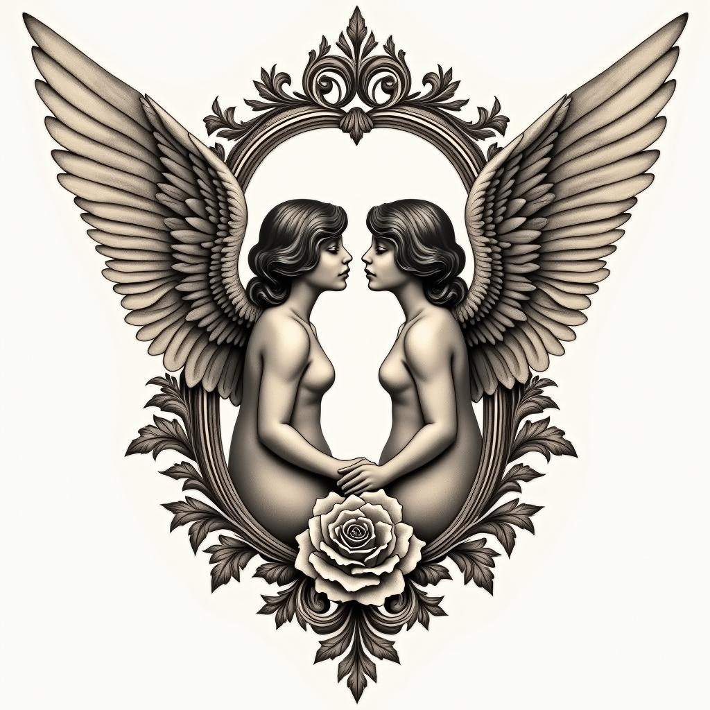 Angelsin victorian style tattoo, featuring vintage and elegant elements, ornate frames, roses, antique, sepia-toned color scheme - Variation 2