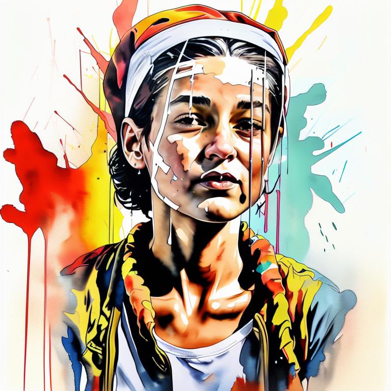  vibrant watercolor portrait with graffiti style face, fully white background, ,face with soft blending of warm and cool tones (orange, yellow, green),using shades of colors, contrast between light and shadow on the face, Bold color splashes and abstract drips in the background for a dynamic, artistic vibe, highly detailed tattoo, fully white background , dskinkpunkundefined - Variation 78