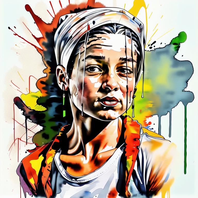  vibrant watercolor portrait with graffiti style face, fully white background, ,face with soft blending of warm and cool tones (orange, yellow, green),using shades of colors, contrast between light and shadow on the face, Bold color splashes and abstract drips in the background for a dynamic, artistic vibe, highly detailed tattoo, fully white background , dskinkpunkundefined - Variation 79