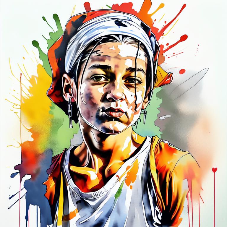  vibrant watercolor portrait with graffiti style face, fully white background, ,face with soft blending of warm and cool tones (orange, yellow, green),using shades of colors, contrast between light and shadow on the face, Bold color splashes and abstract drips in the background for a dynamic, artistic vibe, highly detailed tattoo, fully white background , dskinkpunkundefined - Variation 77