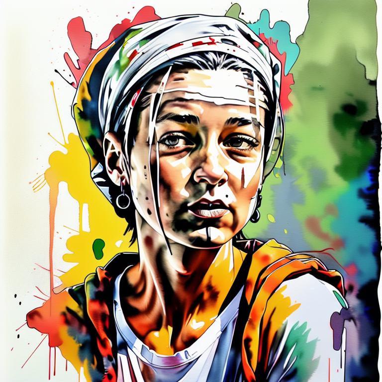 vibrant watercolor portrait with graffiti style face, fully white background, ,face with soft blending of warm and cool tones (orange, yellow, green),using shades of colors, contrast between light and shadow on the face, Bold color splashes and abstract drips in the background for a dynamic, artistic vibe, highly detailed tattoo, fully white background , dskinkpunkundefined - Variation 80