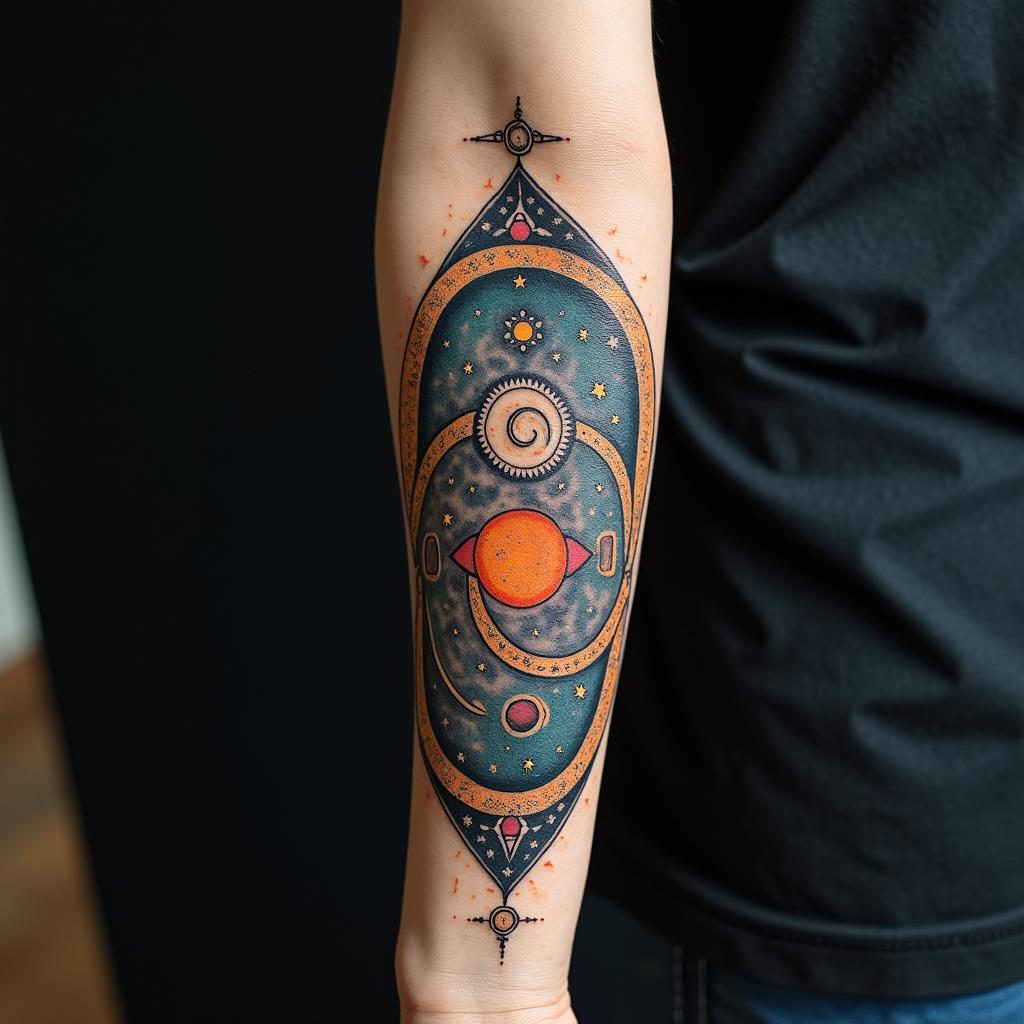 Spiral galaxy with stars and planetsin spiritual symbols tattoo style, featuring an intricate design incorporating elements, Hamsa hand, third eye, minimalist composition - Variation 4
